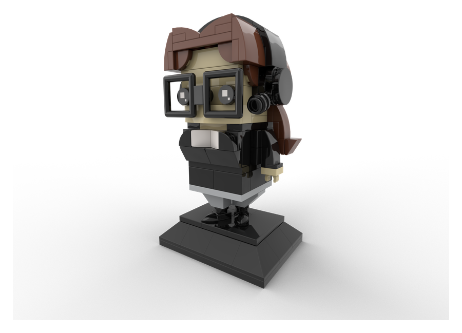 A creator rendered as a brick-built character figure on a display stand
