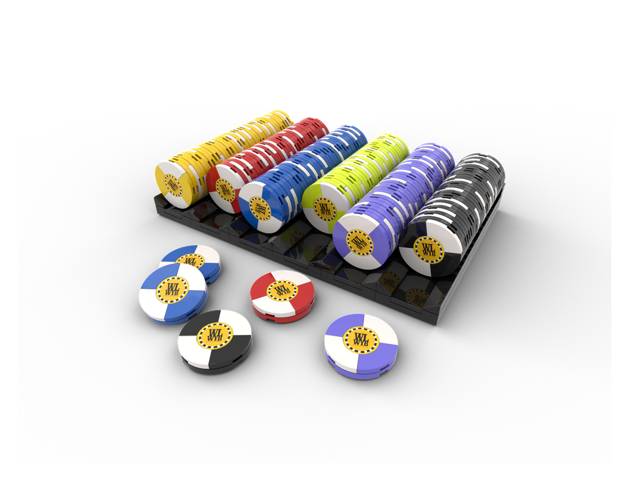A rack of WLWYB-branded poker chips built from LEGO bricks