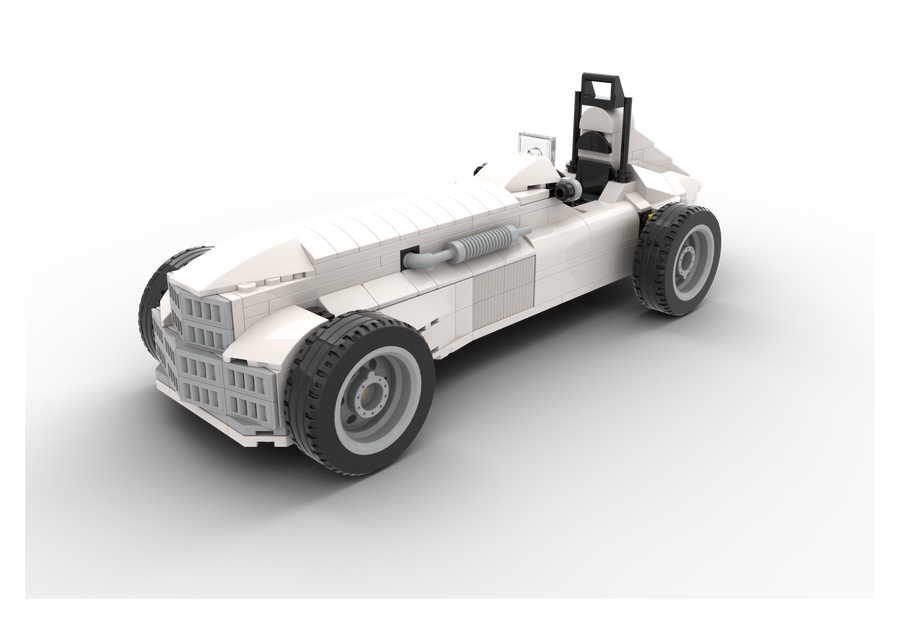 A white vintage roadster built from genuine LEGO bricks