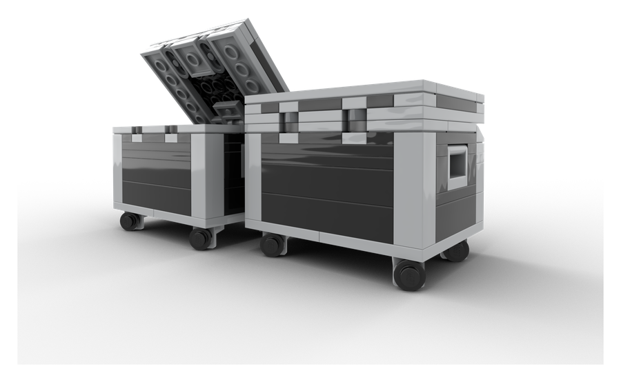 A dumpster on wheels built from grey LEGO bricks