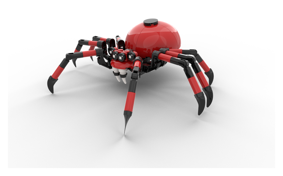 A red and black spider built from genuine LEGO bricks
