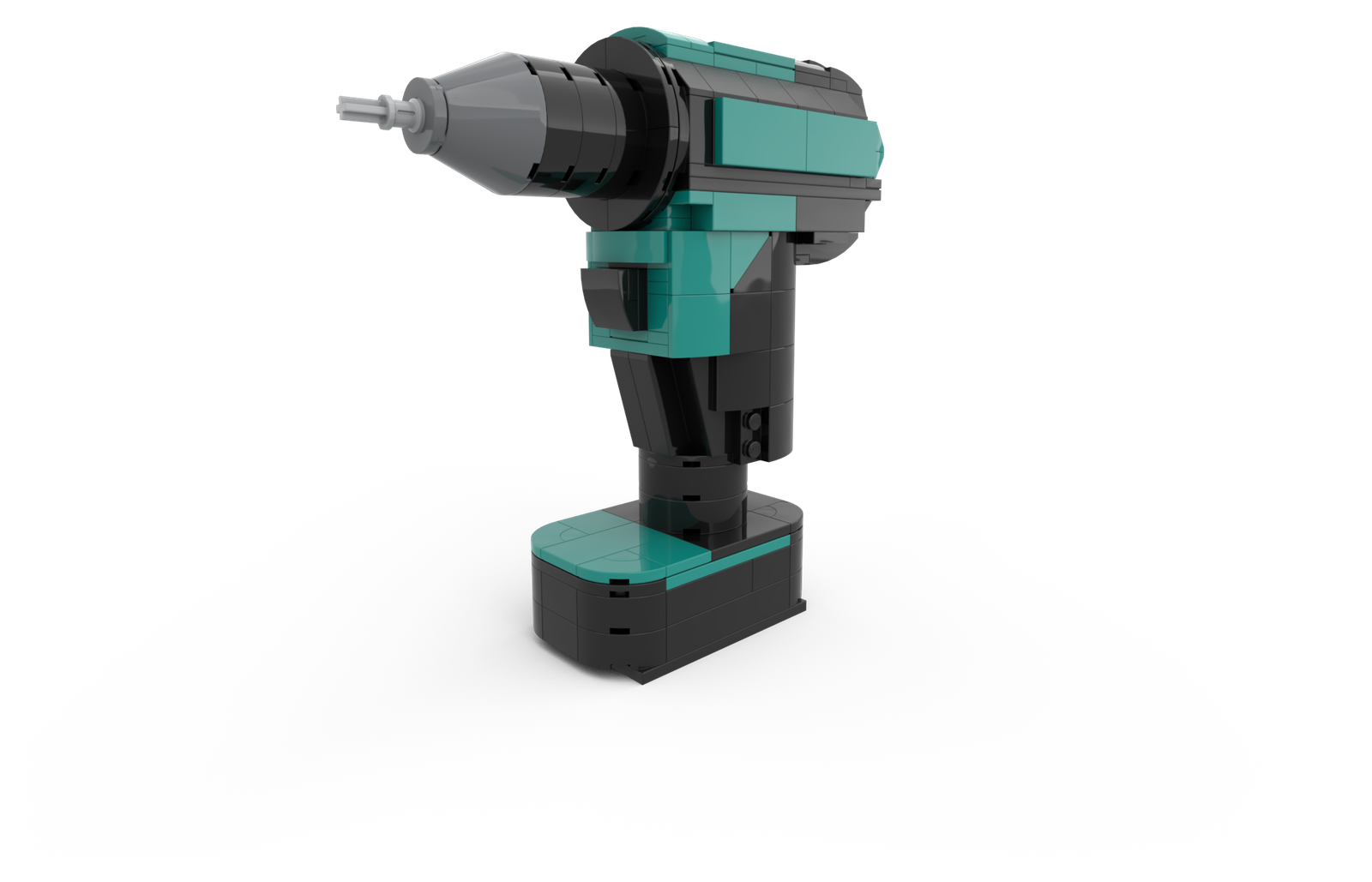 A cordless power drill, brick-built from genuine LEGO elements in teal and black