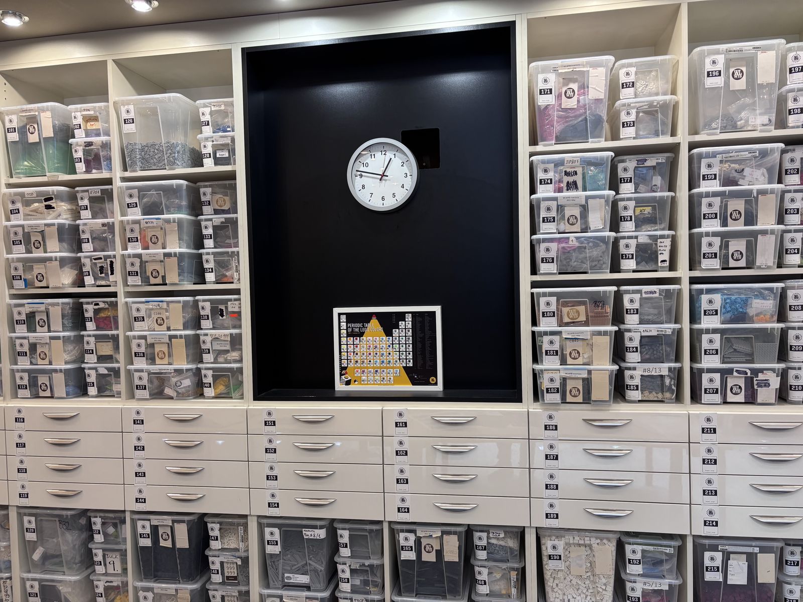 The WLWYB parts wall: hundreds of labeled bins of LEGO elements