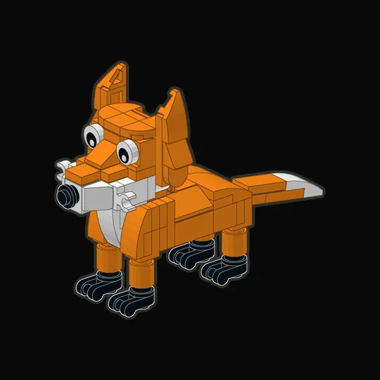 A small orange fox built from LEGO® bricks, with a white muzzle and chest, black feet and a white tail tip, standing with its head turned to the left.