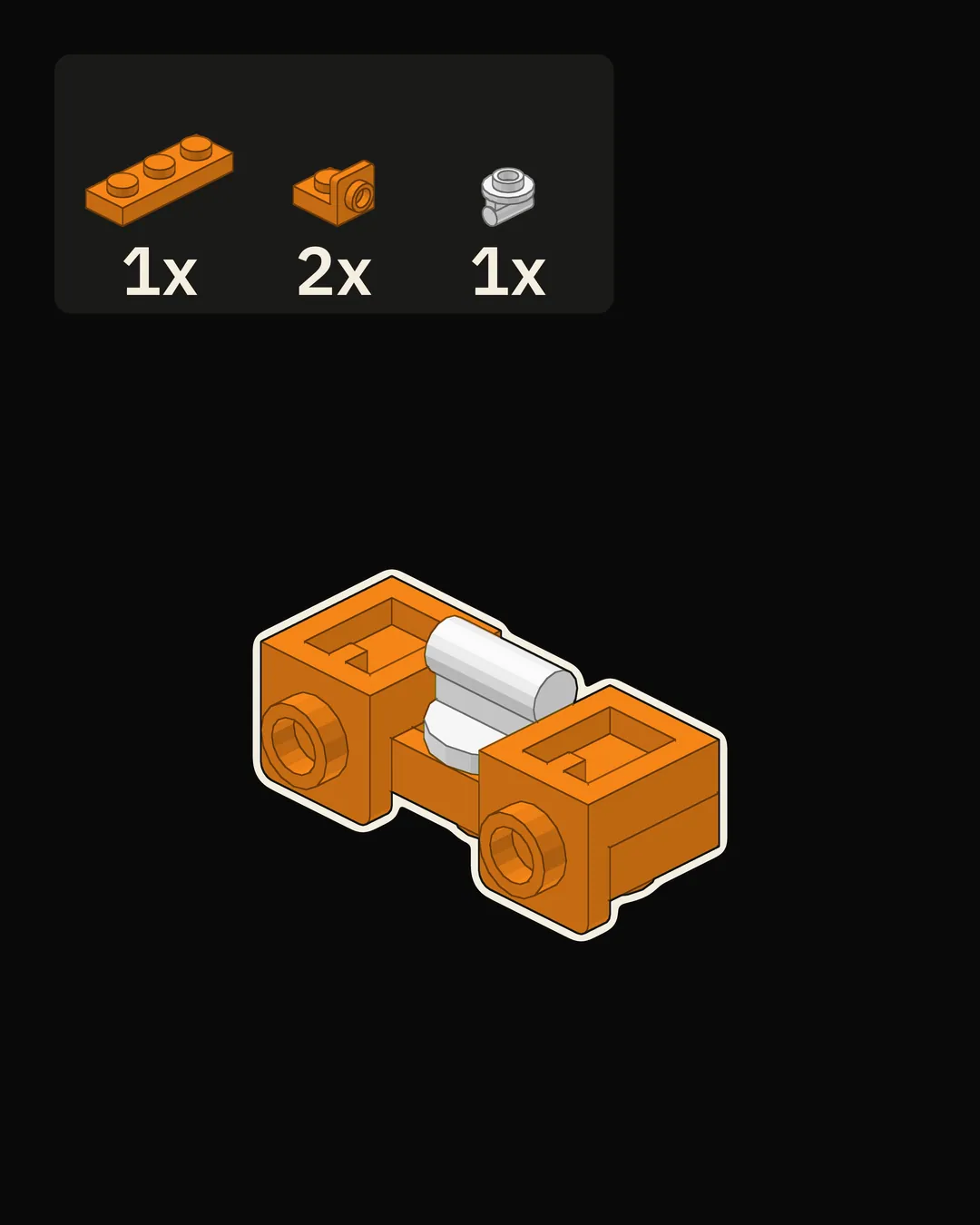 Step 1 of 18: Start the body with an orange 1 x 3 plate held studs down, and add the parts to its underside.