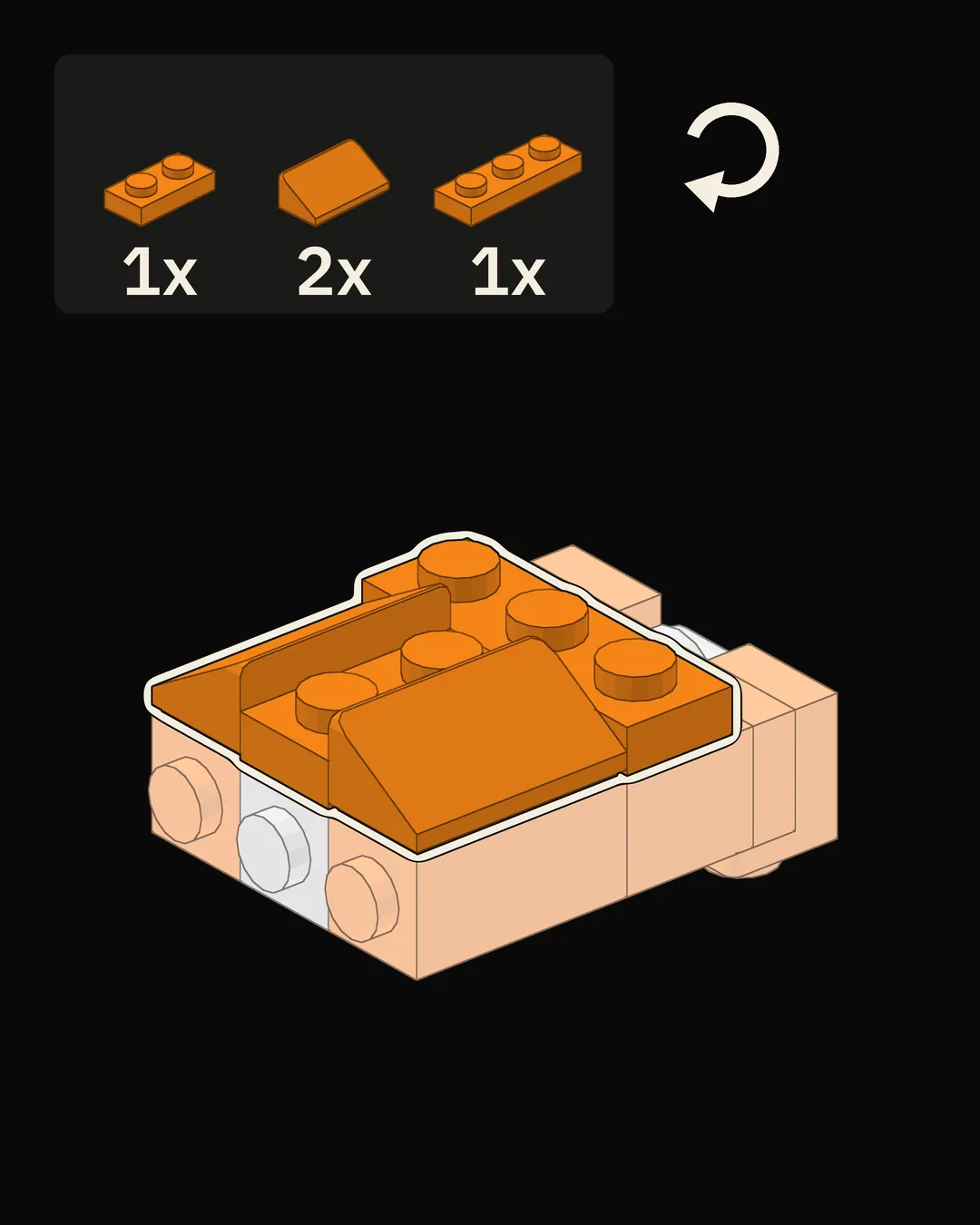 Step 3 of 18: Lay it down the way the fox stands, and add the plates and slopes on top.