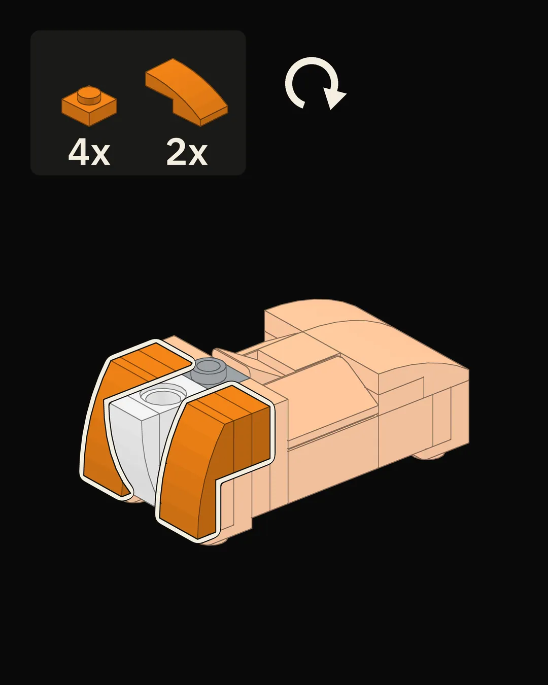 Step 7 of 18: Turn it back up and add the plates and curved slopes at the front.
