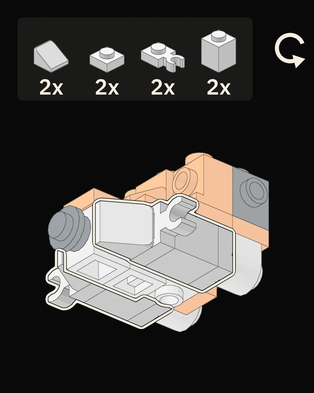 Step 14 of 18: Seen from below: add the white chin plates.