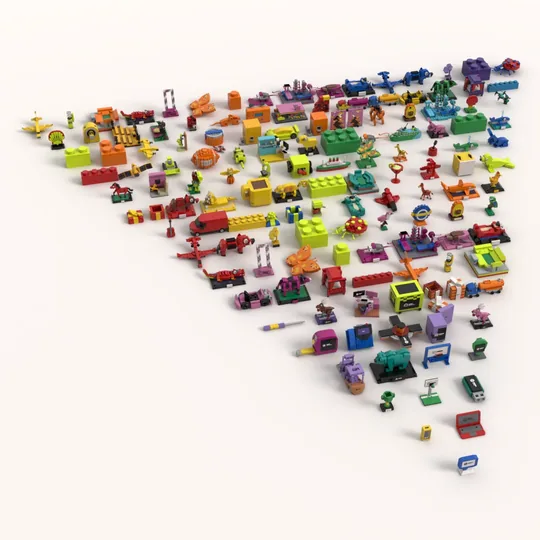 More than a hundred small models built from LEGO® bricks, laid out in a rainbow on a white floor, the nearest ones carrying a company logo.