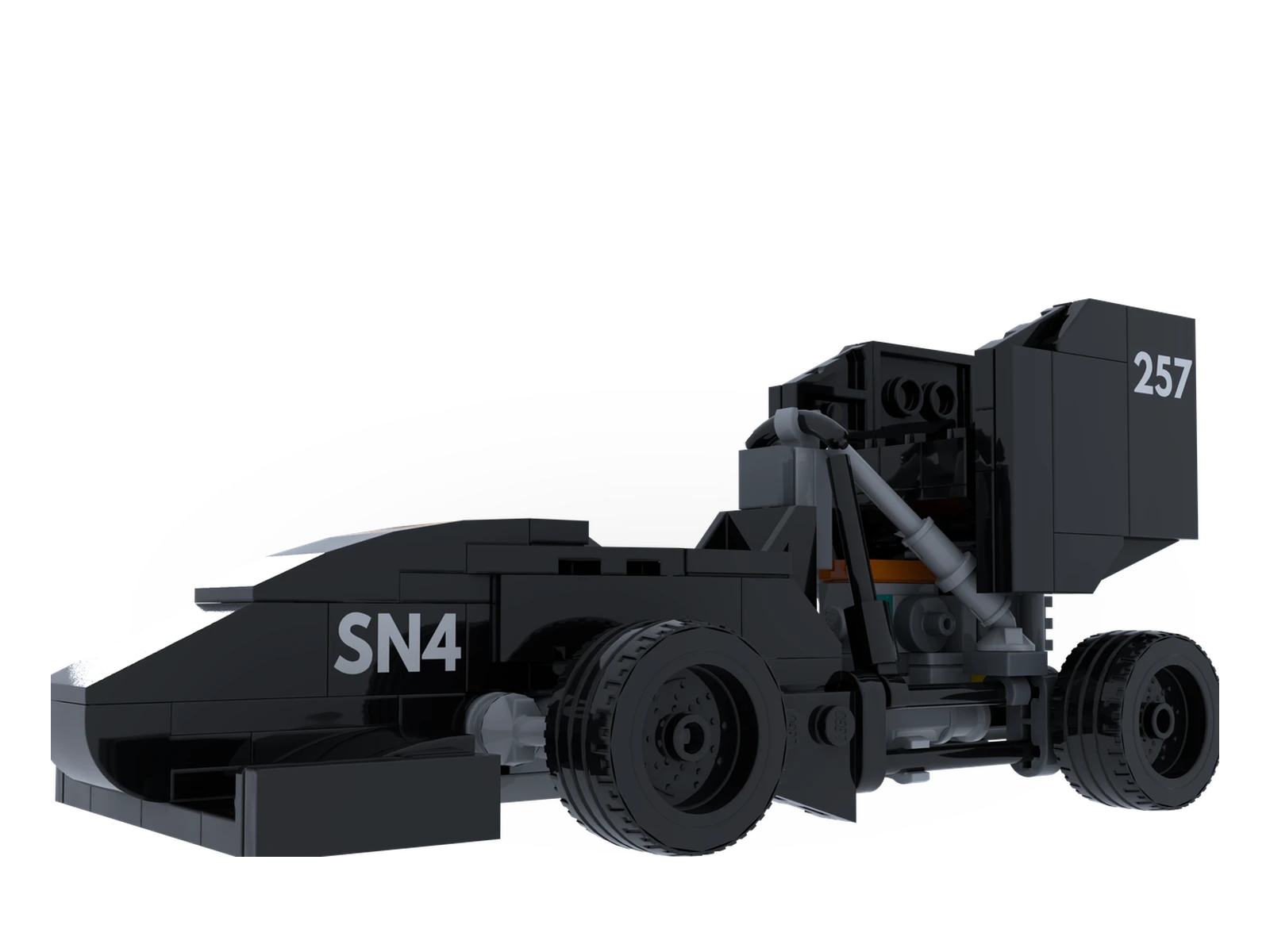 The B25 race car rebuilt as a small brick model in black and dark grey, seen from the front quarter: an open-wheel single-seater with a pointed nose, SN4 printed along the nose and 257 on the tall rear wing.