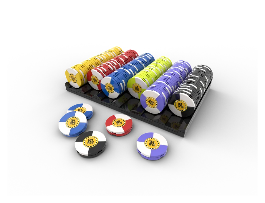 A rack of WLWYB-branded poker chips built from LEGO® bricks, with loose chips laid out in front of it.