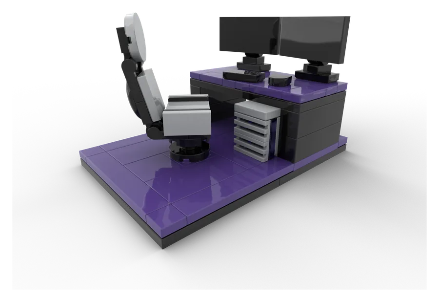 A streamer's desk setup with dual monitors, a chair and a tower, built from LEGO® bricks on a purple base.