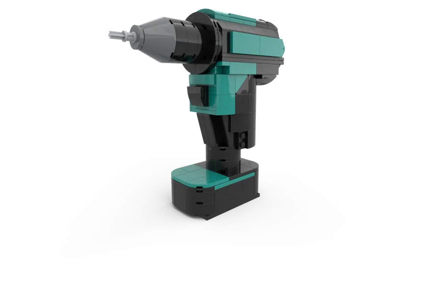 A cordless power drill, brick-built from genuine LEGO® elements in teal and black, standing on its battery pack.