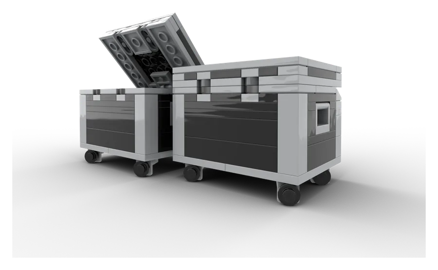 A grey wheeled dumpster with an opening lid, built from LEGO® bricks.