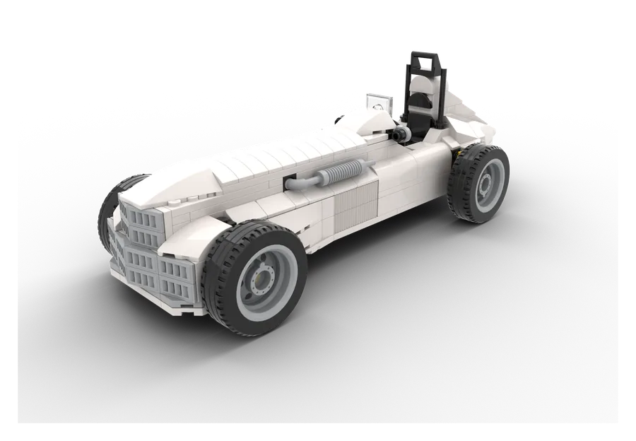 A white vintage open-wheel roadster built from genuine LEGO® bricks, seen from the front quarter.