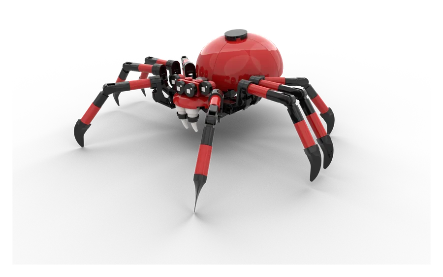 A red and black spider built from genuine LEGO® bricks, standing on eight jointed legs.
