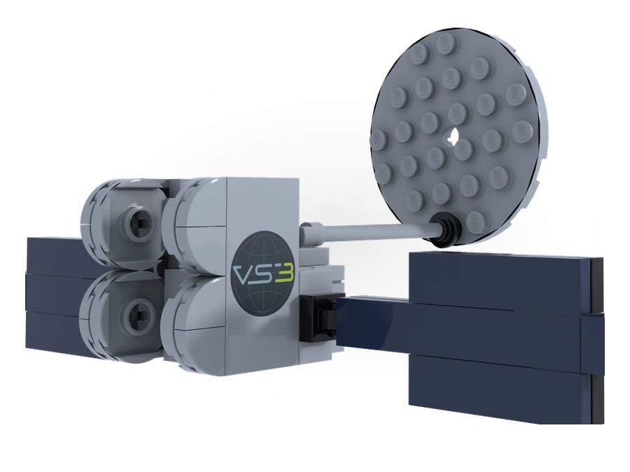 The ViaSat-3 F1 satellite: navy solar arrays out to both sides, the round reflector dish on its boom above the bus, and the VS3 mark on the front of the bus.